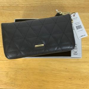 NWT BCBG black Tara Wallet 2 Lg, 8 single card spots, gold zippers spot.